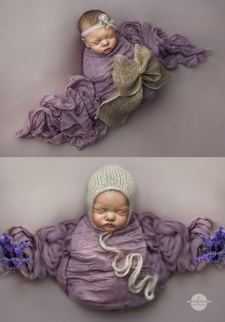 Fine-Art Neugeborenenporträt – Babyfoto Neugeborenen gupuckt im Körbchen Blume aus Stoffen in Pastelltönen