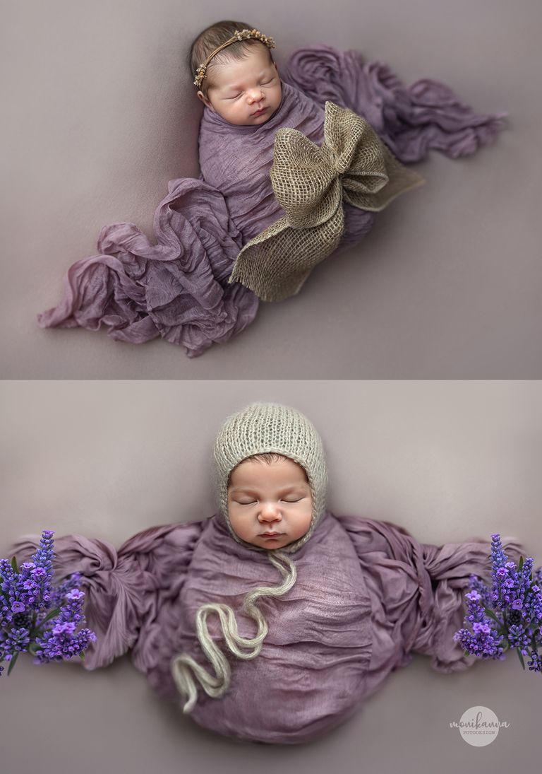 Fine-Art Neugeborenenporträt – Babyfoto Neugeborenen gupuckt im Körbchen Blume aus Stoffen in Pastelltönen
