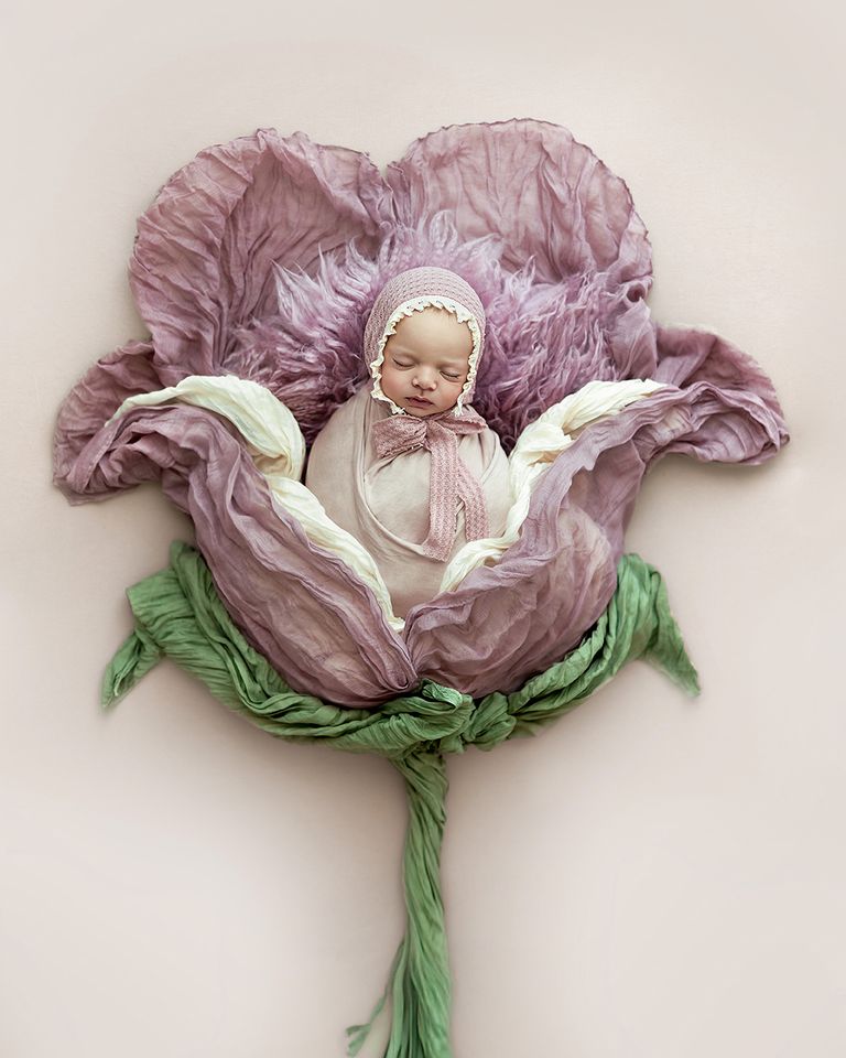 Fine-Art Neugeborenenporträt – Babyfoto Neugeborenen gupuckt im Körbchen Blume aus Stoffen in Pastelltönen